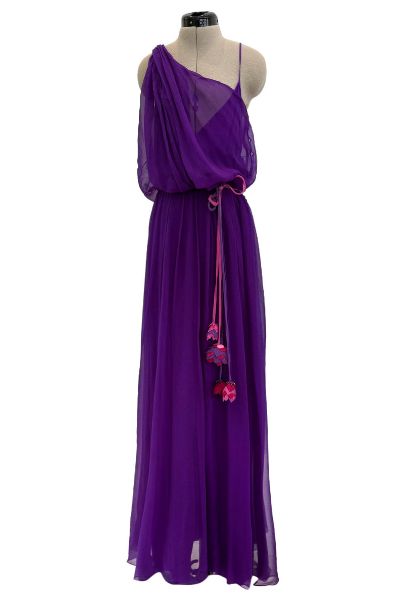 Spring 2001 Christian Dior by John Galliano Purple Silk Chiffon One Shoulder dress w Matching Pink & Red Floral Tie Belt