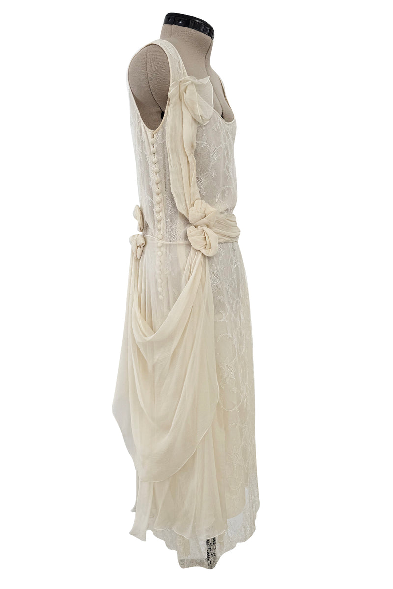 Fall 2007 John Galliano Ivory Silk Chiffon & Lace Dress w Silk Rosettes
