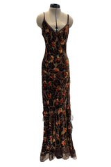 Beautiful Fall 2005 John Galliano Bias Cut Soft Brown Cut Devore Velvet & Chiffon Floral Print Dress