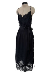 Beautiful 1990s Original Valentino Haute Couture Black Silk Dress w Handmade Lace Detailing