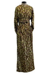 Fall 1979 Halston Runway Olive Brown & Deep Metallic Gold Leopard Print Bias Cut Dress w Belt