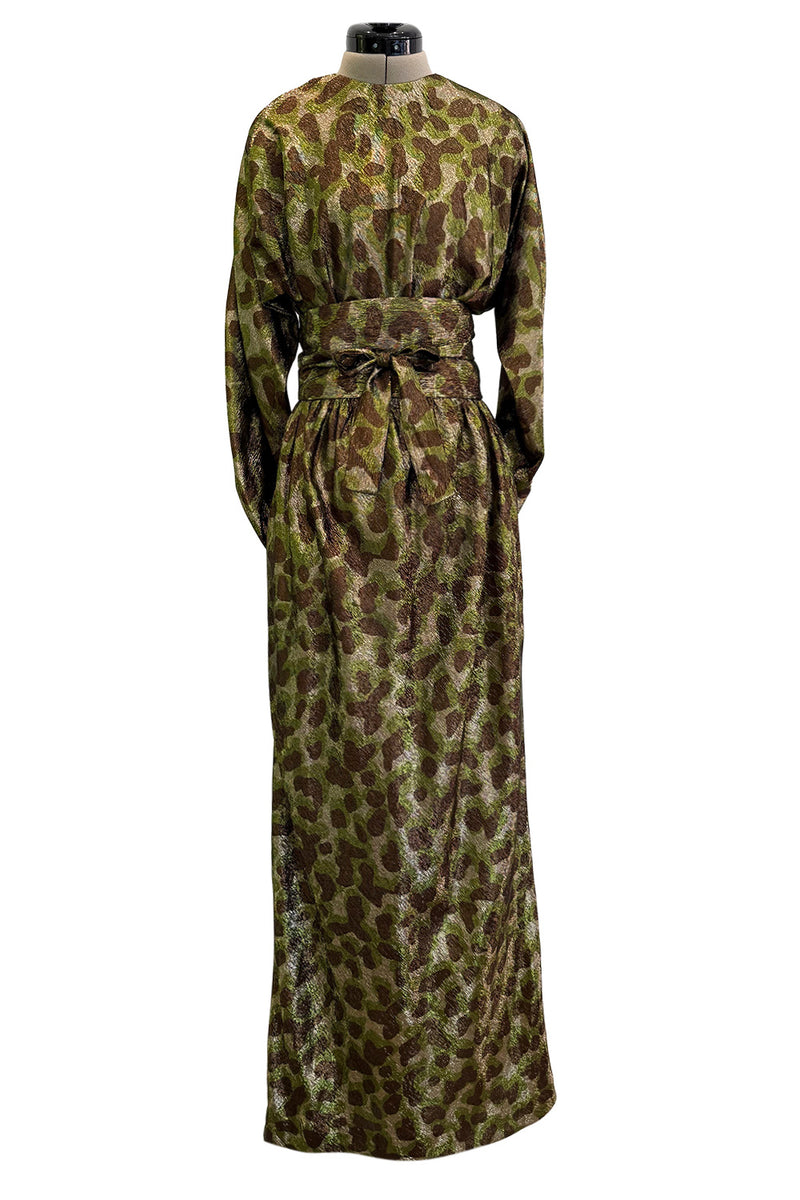 Fall 1979 Halston Runway Olive Brown & Deep Metallic Gold Leopard Print Bias Cut Dress w Belt