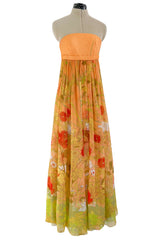 Gorgeous 1970s Hanae Mori Strapless Pastel Floral Print Chiffon & Silk Dress w Shawl