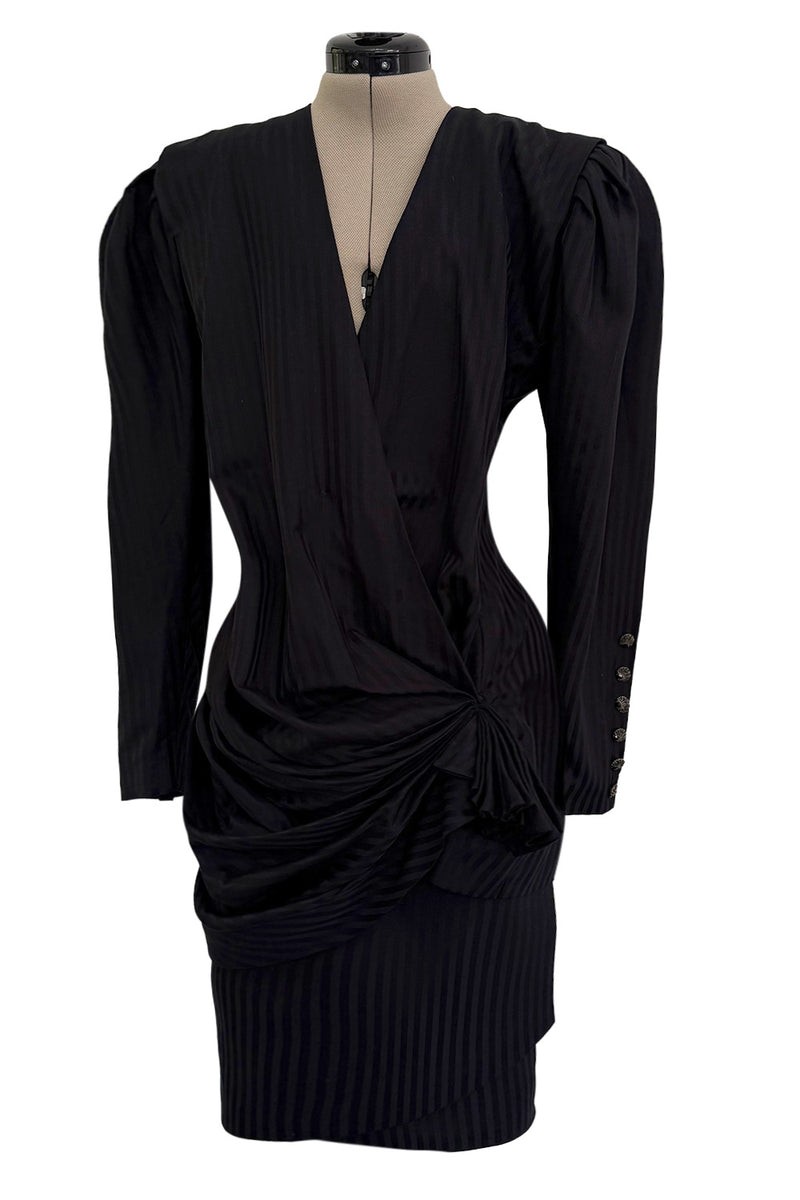 Fabulous Spring 1985 Emanuel Ungaro Haute Couture Runway Black Stripe Jacket & Skirt Set