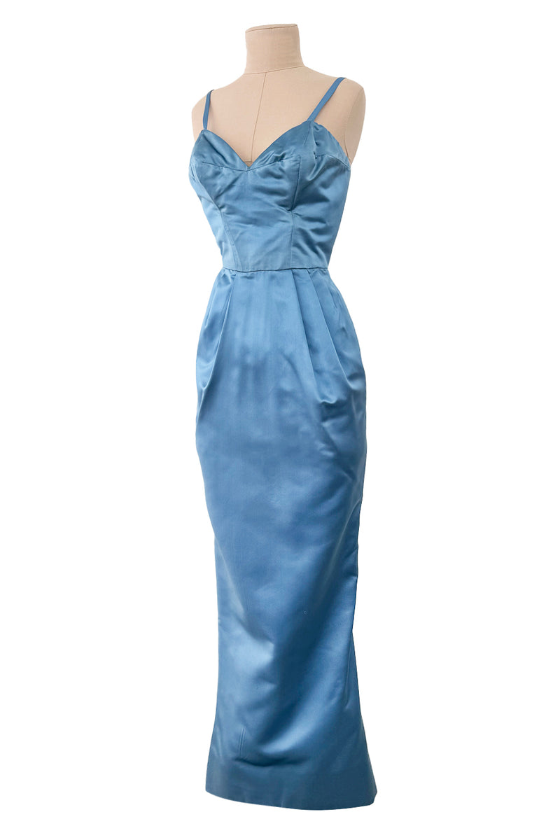 Outstanding 1960s Christian Dior by Marc Bohan Demi-Couture Sky Blue Silk Bombshell Dress