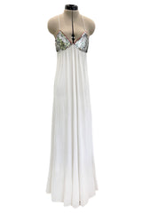 Late 1970s Ossie Clark White Jersey w Silver & Bronze Sequin Halter Dress w Matching Jacket