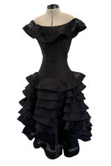Gorgeous Spring 1992 Oscar de la Renta Runway Black Silk Organza Net Ruffled Off Shoulder Dress