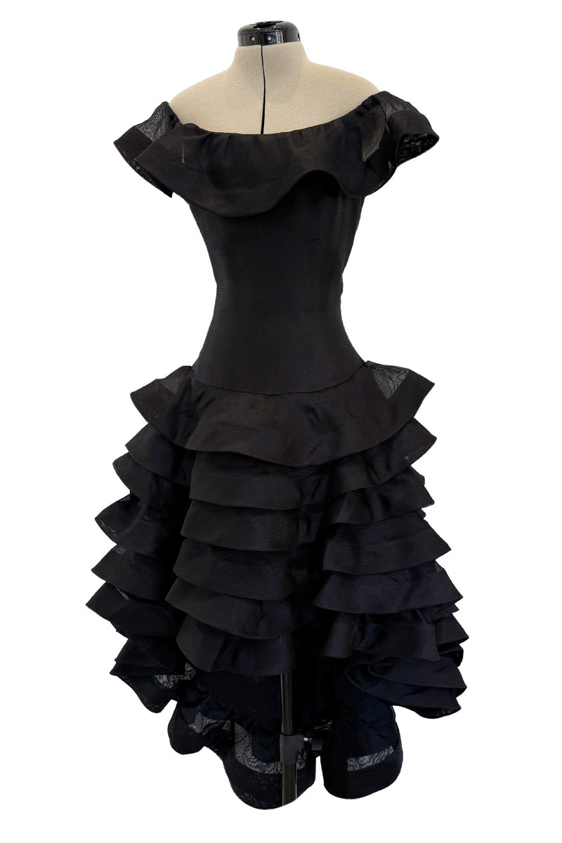 Gorgeous Spring 1992 Oscar de la Renta Runway Black Silk Organza Net Ruffled Off Shoulder Dress