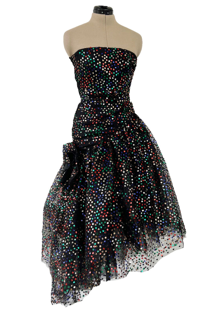 Gorgeous 1980s Arnold Scaasi Black Net Dress w Multi Colour Sequins & Asymmetrical Skirt