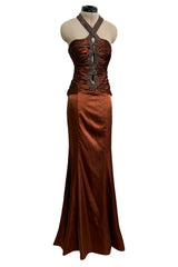 Chic 2000s Gianni Versace Bronze Gathered Silk Bodice Dress w an Elaborately Beaded Cut Out Front & Sweepimng Back