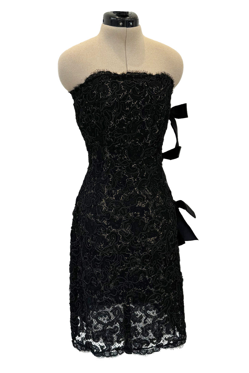 Fall 1998 Yves Saint Laurent Black Strapless Gold & Black Cord Dress w Side Bows