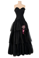 1940s Jean Patou Haute Couture Strapless Black Silk Chiffon Dress w Tiered Full Skirt