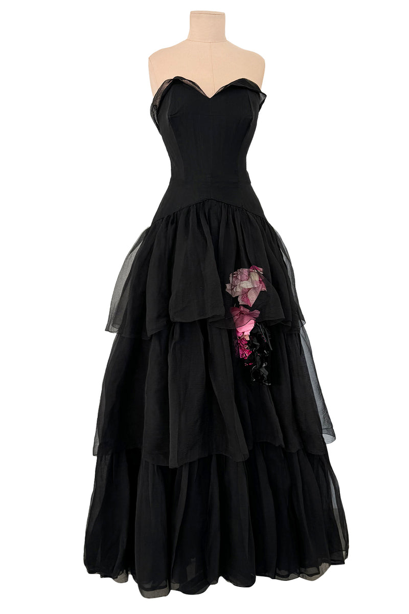 1940s Jean Patou Haute Couture Strapless Black Silk Chiffon Dress w Tiered Full Skirt