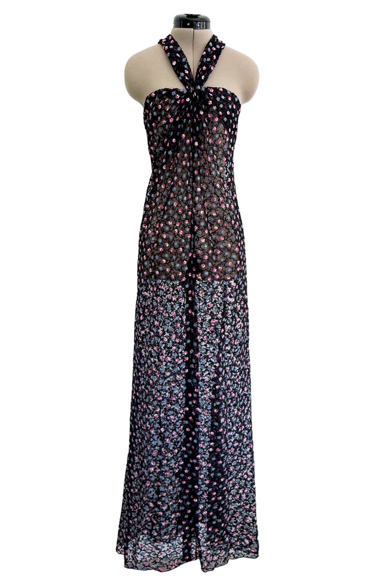 Sheer Fall 2024 Giorgio Armani Sample Deep Blue Net Dress w Embroidered Cotton Pink & Blue Flowers