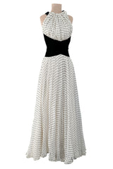 Dreamy Spring 1987 Jacqueline de Ribes Runway & Ad Campaign Silk Chiffon Dot Dress w Black Velvet Bow Detailing