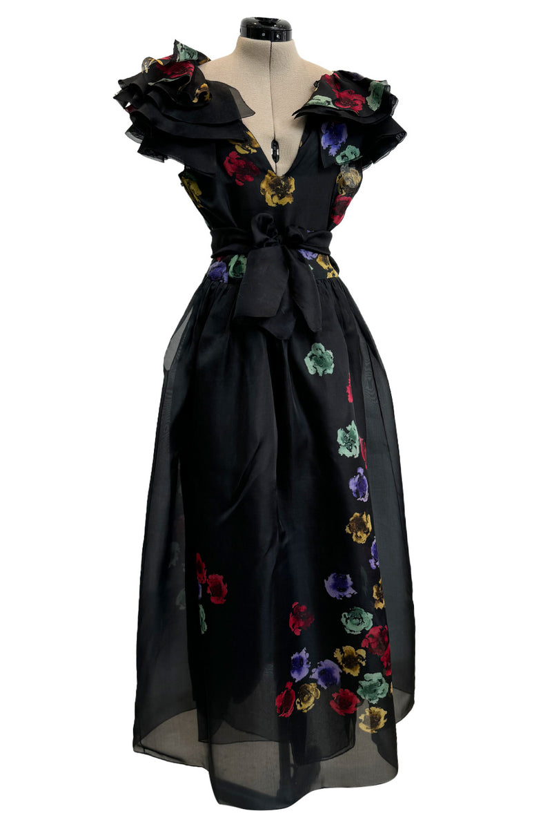 Spring 1981 Unlabeled Christian Dior Floral Print Silk Organza Dress w Ruffled Shoulders