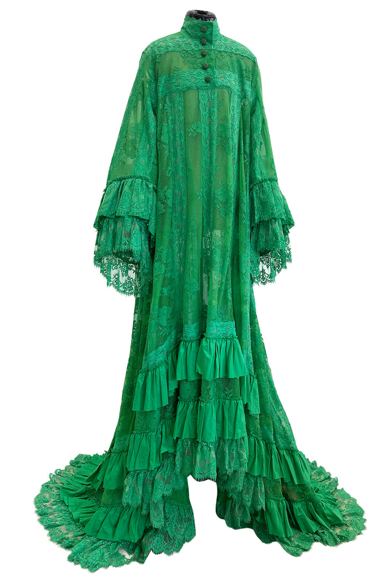 Remarkable Resort 2019 Gucci by Alessandro Michele Runway Look 9 Green Lace & Net Ruffle Dress w Train