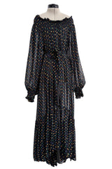Spring 1978 Yves Saint Laurent Runway & Ad Campaign Off Shoulder Silk Chiffon Dot Dress