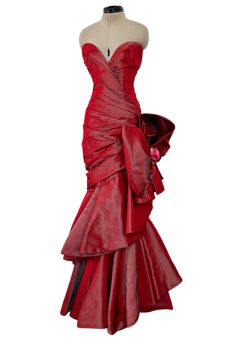 Exceptional Fall 1991 Emanuel Ungaro Haute Couture Runway Strapless Hand Draped Iridescent Silk Dress w Bow