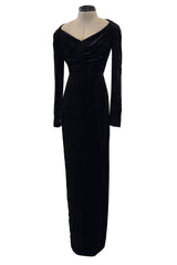 Fall 1984 Christian Dior by Marc Bohan Haute Couture Runway Black Velvet Dress w Wide Neckline