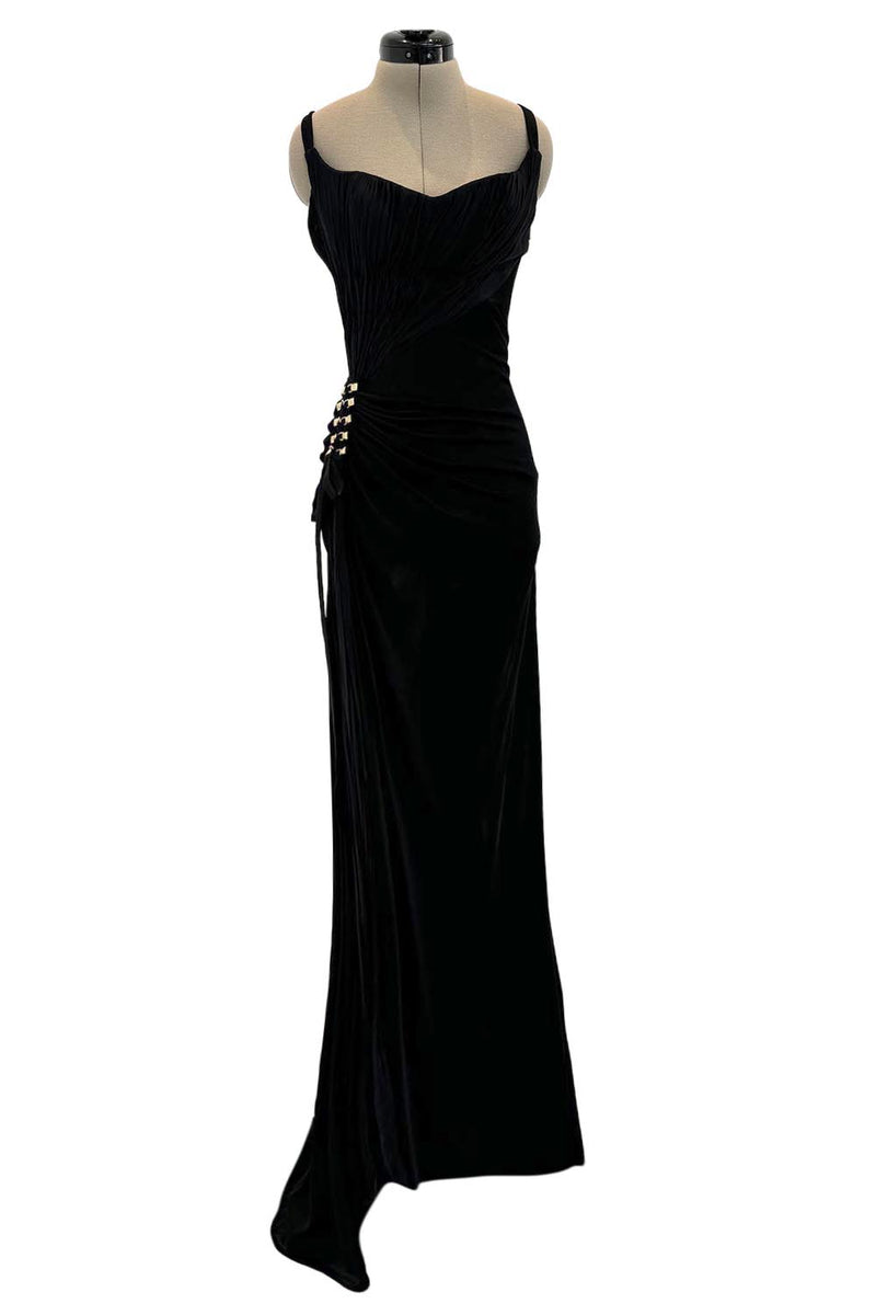 Outstanding Spring 2006 Roberto Cavalli Black Silky Jersey Corset Bodice Dress w Gold Hardware Detailing