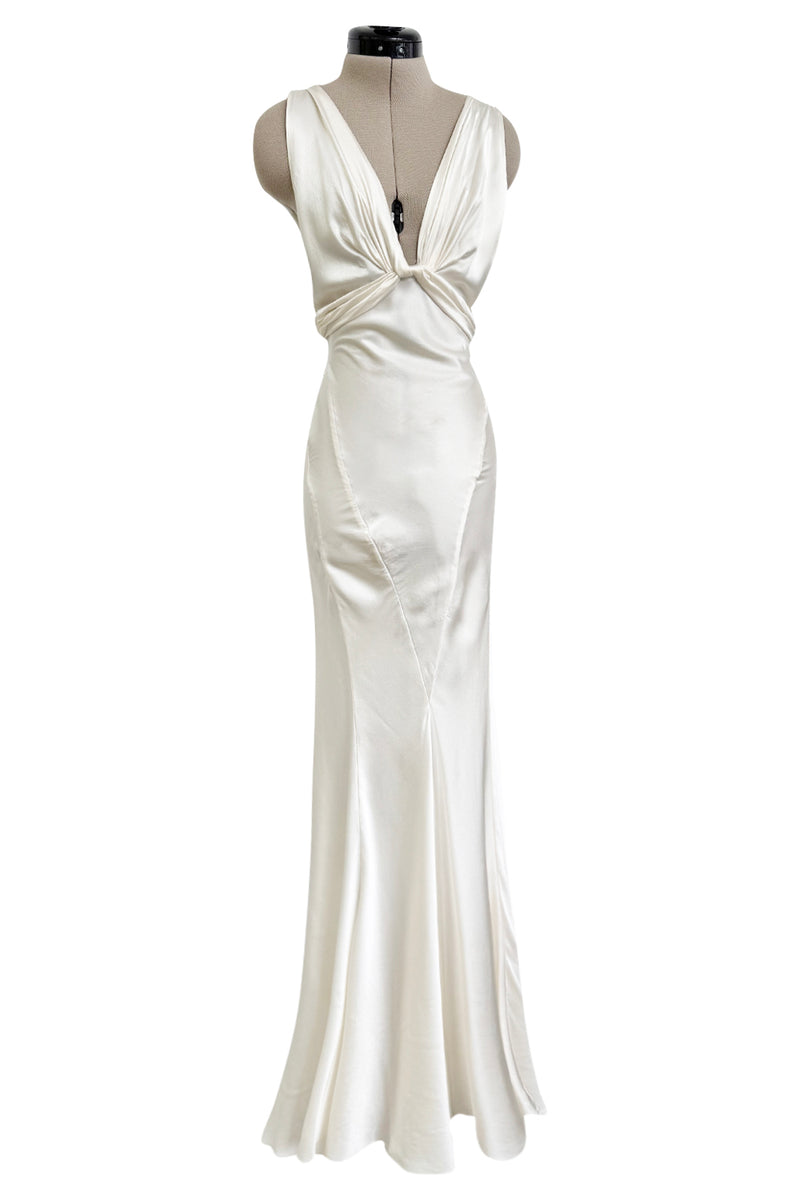 Iconic Spring 2006 Roberto Cavalli Front Plung & Open Back Heavily Detailed w Rhinestone Bias Cut Ivory Silk Dress