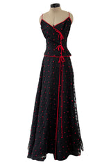 Fantastic 1970s Stavropoulos Wrap Skirt and Top Set w Embroidered Red Dots & Metallic Thread Pattern