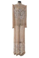 Gorgeous 1980s Unlabeled Fernando Pena Metallic Gold Thread & Pink Bead Sequin & Net Dress