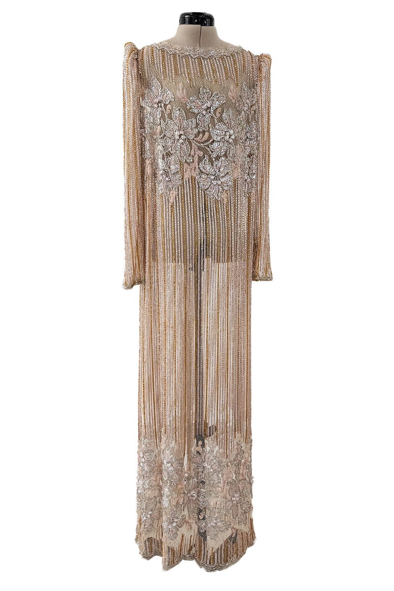 Gorgeous 1980s Unlabeled Fernando Pena Metallic Gold Thread & Pink Bead Sequin & Net Dress