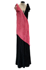 Fantastic Fall 1980 Mary McFadden Couture Salmon Pink & Black Cross Over Pleated Dress