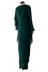 Fall 1975 Beautiful Halston Runway Flowing Deep Green Silk Chiffon w Low Back Plunge