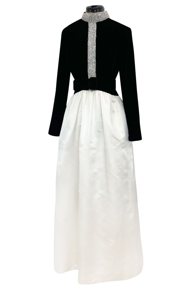 Early 1960s Harvey Berin Black Velvet & Ivory Silk Skirted Dress w Sparkling Beaded Detailing