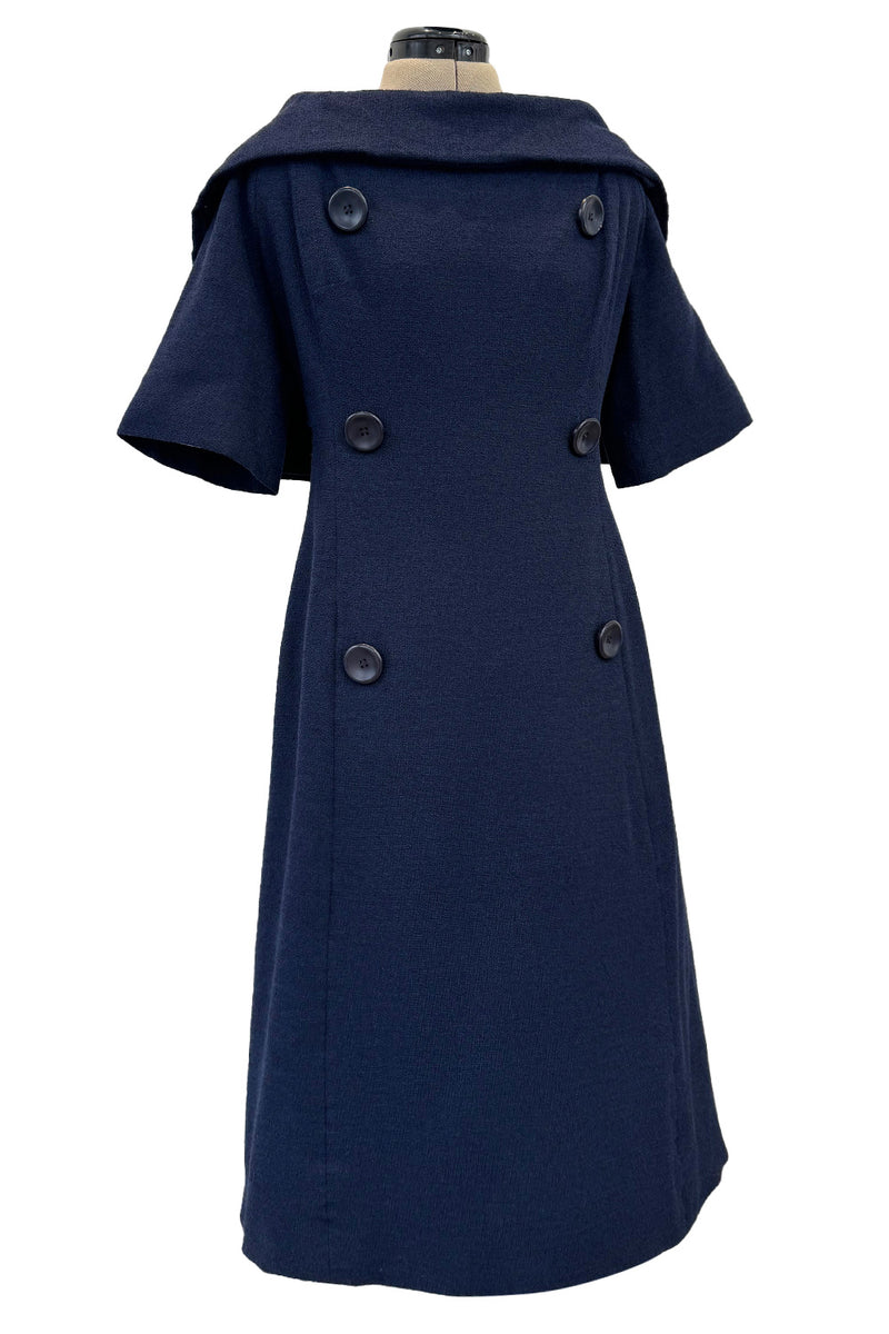 Late 1950s Christian Dior London by Marc Bohan Numbered Blue Shift Dress w Button Detailing