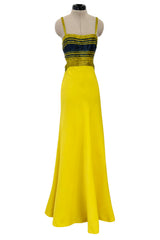 Exceptional 1960s James Galanos Yellow Silk Crepe w Blue & Yellow Beaded Back Cut Out Top