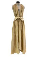 Fantastic Fall 1980 Bill Tice Metallic Gold Halter Front Backless Dress w Top Stiched Tie Belt & Front Slit