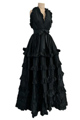 c 1970 Oscar de la Renta Black Silk Taffeta Backless Halter Neck Dress w Extensive Ruffle Detailing