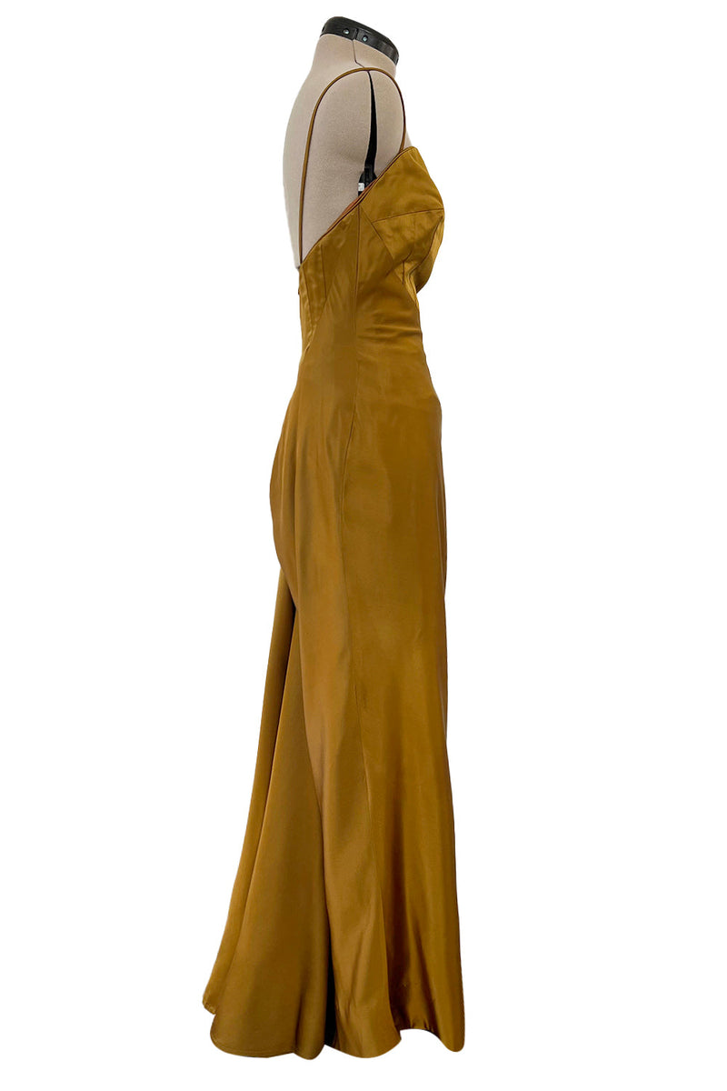 Stunning 1968 Mr Blackwell Custom Deep Copper Gold Silk Dress w Hip Swag & Flower Pin