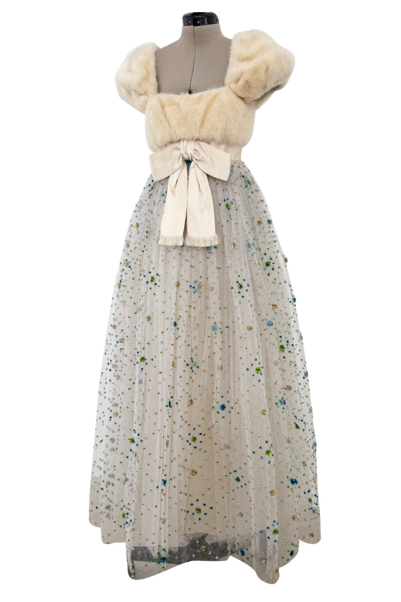 Incredible 1968 Sarmi Ivory Silk Net Dress w Mink Bodice & Metallic Tinsel Dot Detailing