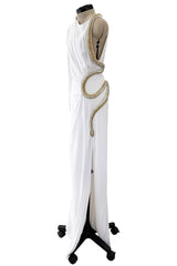 Spring 2016 Roberto Cavalli by Peter Dundas Beaded & Rhinestone Snake Detail White Jersey Dress