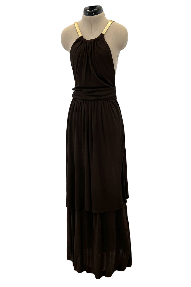 Well Documented Fall 1975 Yves Saint Laurent Brown Silk Jersey w Gold Strap Backless Dress