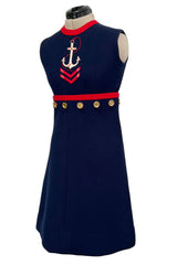 Museum Held Spring 1968 Norman Norell Unlabeled Couture Blue Button & Anchor Sailor Dress