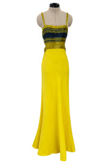 Exceptional 1960s James Galanos Yellow Silk Crepe w Blue & Yellow Beaded Back Cut Out Top