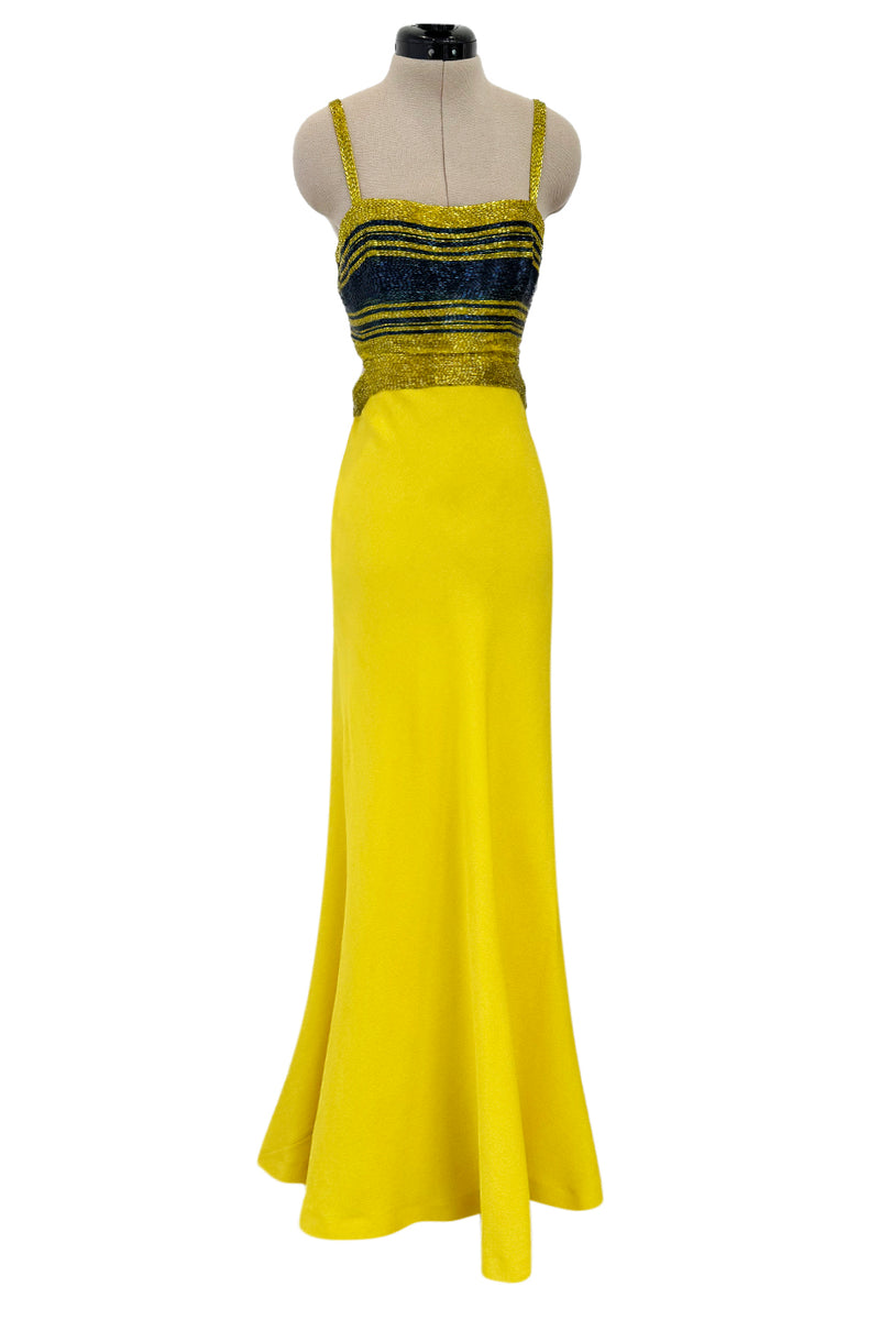 Exceptional 1960s James Galanos Yellow Silk Crepe w Blue & Yellow Beaded Back Cut Out Top