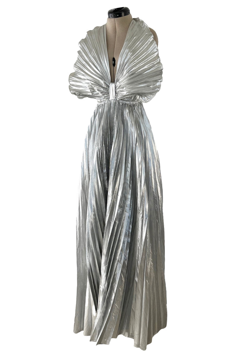 Exceptional 1970s Roland Klein Metallic Silver Lame Pleated Fan Dress w Completely Open Bare Back