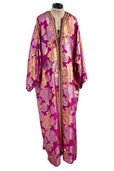 Stunning 1970s Jean Louis Metallic Pink Gold & Silver Caftan Dress w Gold & Pink Braiding