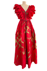 Rare Fall 1981 Fabrice Simon Couture Hand Painted Red & Gold Skirt & Top Dress Set