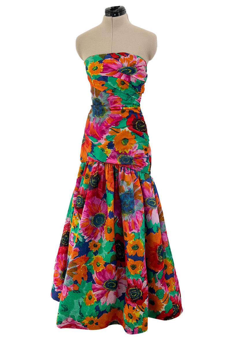 Exceptional Dated 1986 Arnold Scaasi Strapless Floral Print Silk Gazar Dress w Full Lower Skirts