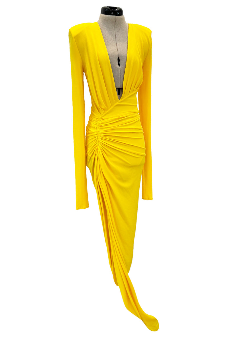 Gorgeous Spring 2020 Alexandre Vauthier Yellow Silk Jersey Dress w Plunge & High Front Slit