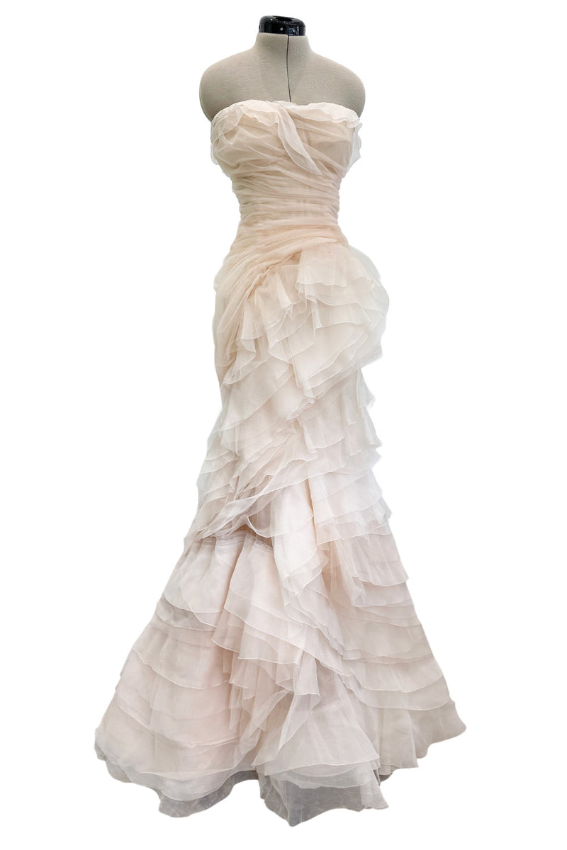 Divine Spring 2017 Carolina Herrera Palest Peach Ivory Silk Organza & Silk Net Strapless Ruffled Wedding Dress