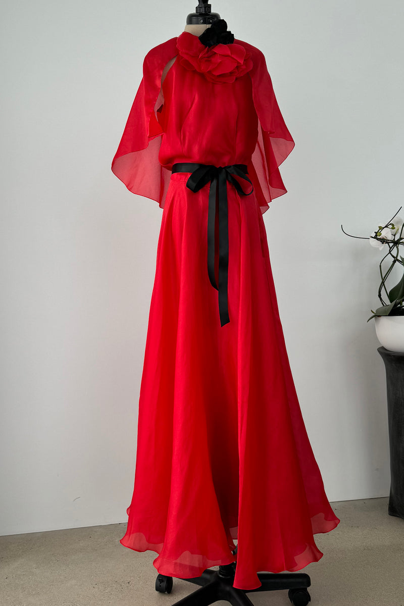 1979 Givenchy Red Organza Caped Dress
